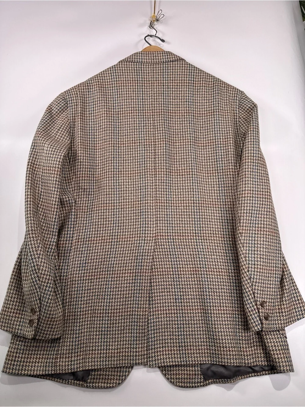 Brooks Brothers Blazer Vintage Silk Wool Houndstooth Plaid Brown Blue 46R
